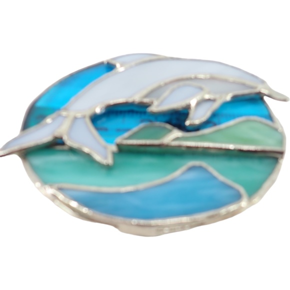 Jumping Dolphin Stained Glass Sun Catcher with Ocean & Mountains 4" Beach Decor - Picture 5 of 6